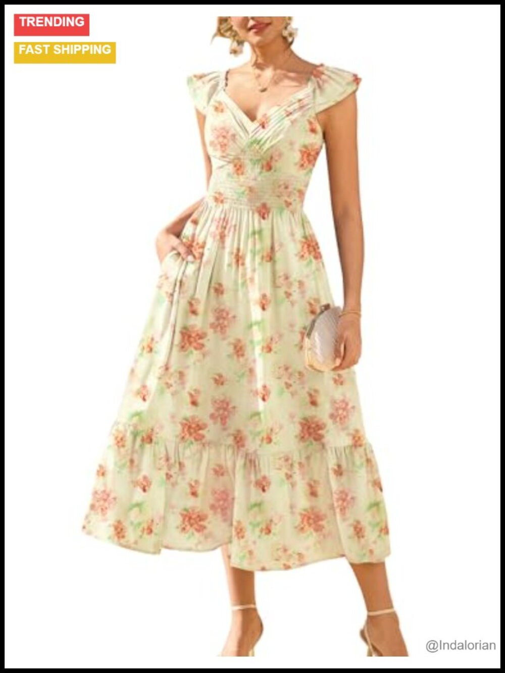 Floral Maxi Dress V-Neck Ruffle Sleeve Chiffon Formal Wedding Guest